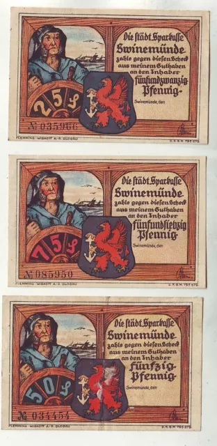 3 x Notgeld  Swinemünde  Świnoujście  50 75 25 Pfennig