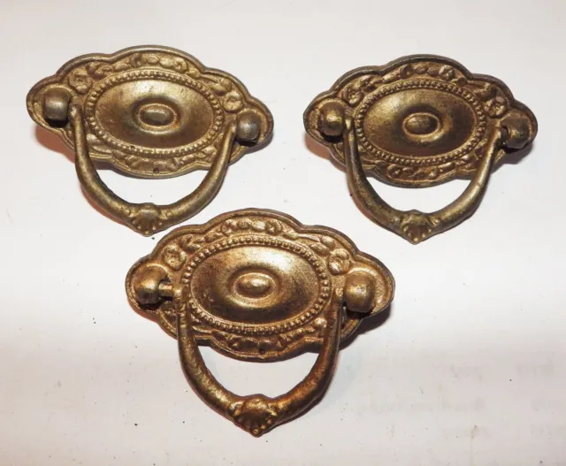 Set of 3 Antique Ornate Solid Brass Drawer Pulls