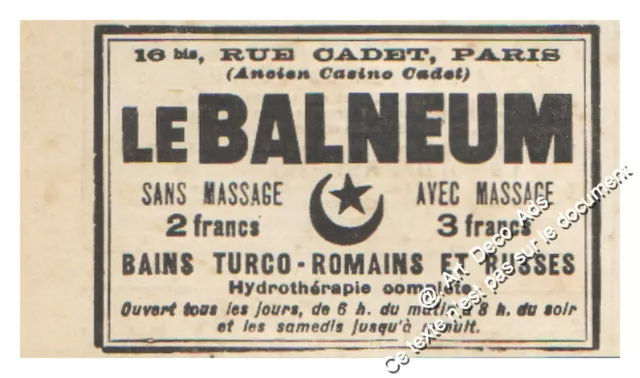 1927 Les Bains Turcs rue Cadet Paris " Le Balneum " publicité