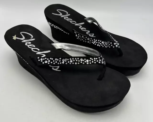 Skechers Womens Sz 9 Wedge Sandals Black Rhinestone Bling Slip On Flip Flop Read