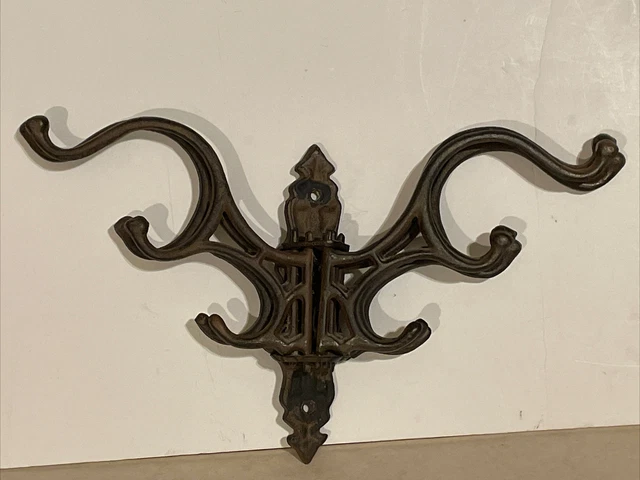 Vintage Cast Iron Victorian Wall Folding Hat Coat Rack 15 Hook Swivel Swing Arm