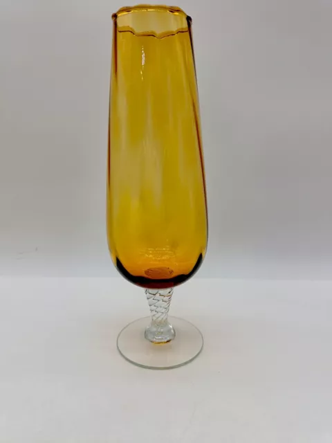 Vintage EMPOLI Italian Optic Art Glass Amber Vase Twisted Stem 11in