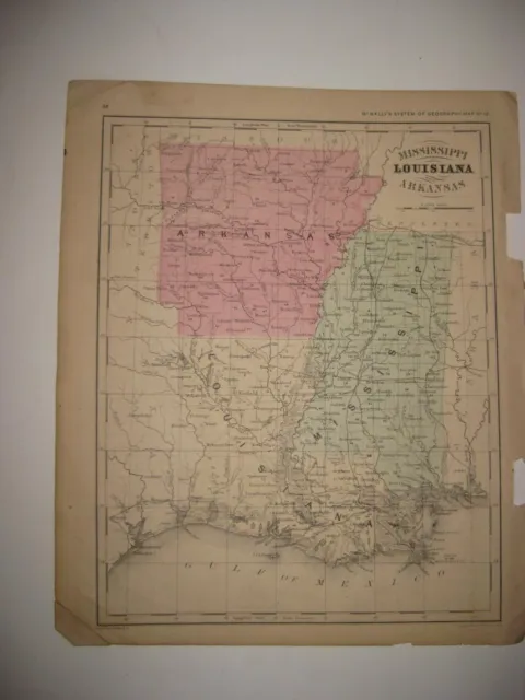 Early Antique 1867 Mississippi Louisiana Arkansas Handcolored Map New Orleans Nr