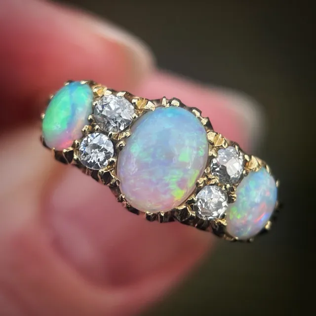 18CT Gold Large Antique Victorian Fiery Crystal Opal & Old Cut Diamond Ring