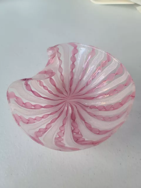 Vintage Blown Venetian Murano Glass pink & White Latticino Glass Bowl