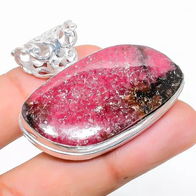 Rhodonite Pierre Précieuse Handmade 925 Argent Sterling Bijoux Pendentif 3.8cm