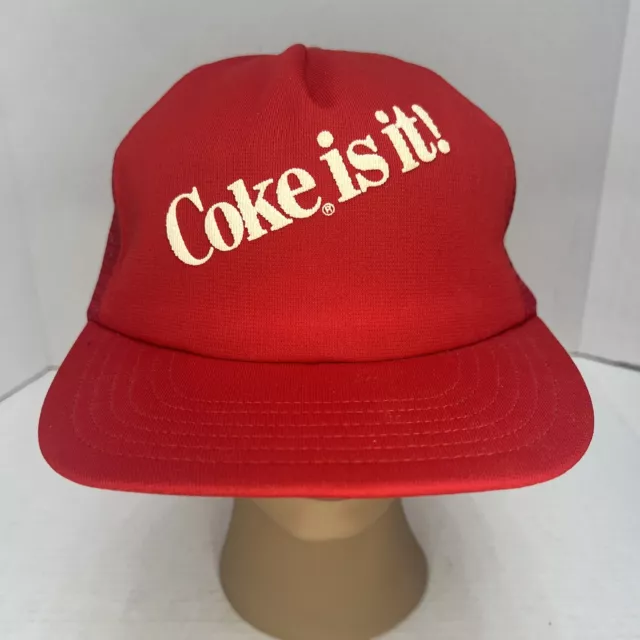 RARE Vintage Coca Cola Coke Is It Mesh Trucker Hat Cap Snapback Red OLD SODA USA