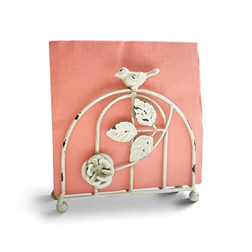 Iron Bird & Rose Farmhouse Vintage Napkin Holder/Tabletop Rustic White