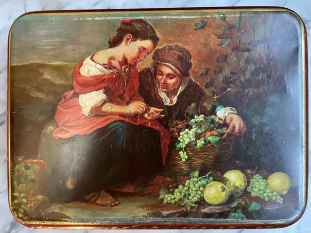 sehr schöne alte Blechdose mit Gemäldemotiv´die kleine Obsthändlerin von Murillo