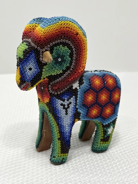 Vintage Huichol Mexican Folk Beadwork And Wood Art Bighorn Ram Sheep 4.75" Tall