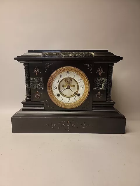 Antique Waterbury 8 Day Black Slate Open Escapement Mantel Clock