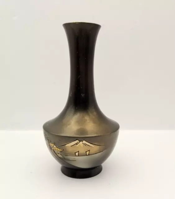 Black Enamel Vintage Japan Chokin Etched Brass 4.5" Bud Vase Mountain Scene