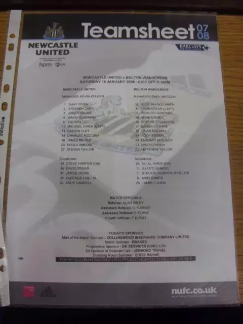 19/01/2008 Colour Teamsheet: Newcastle United v Bolton Wanderers  (Fold). If thi