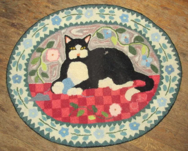 Vintage Claire Murray Hand Hooked Rug Country Cat  23”x 28" Wool Oval Folk Art