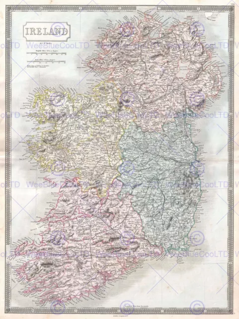 1850 HALL MAP IRELAND VINTAGE POSTER ART PRINT 12x16 inch 30x40cm 2892PY
