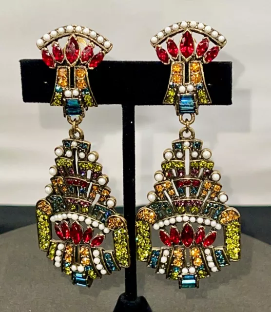 Heidi Daus Clip Drop Dangle Chandelier Colorful Crystal Statement Earrings