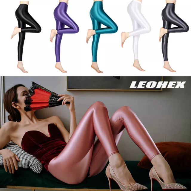 Women Satin Glossy Yoga Sexy Leggings High Gloss Spandex Dance Soft Footsies