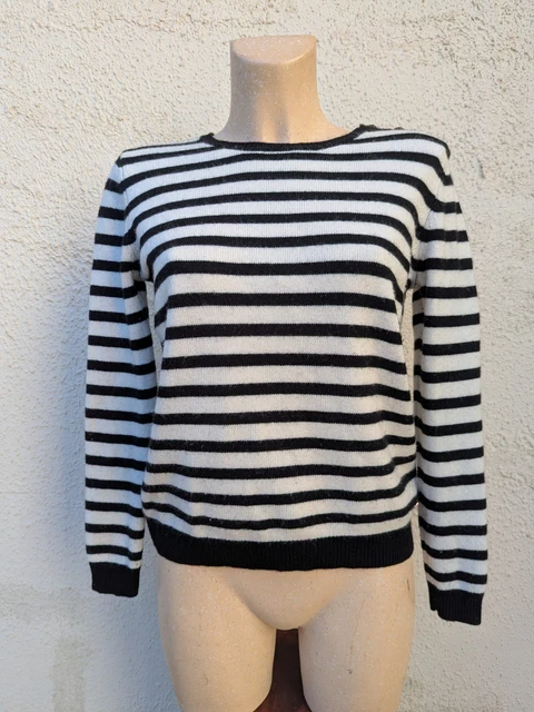 Pull Rayures Marinière Vintage Années 80 – Femme Taille L – Acrylique Blanc, état 8,5/10