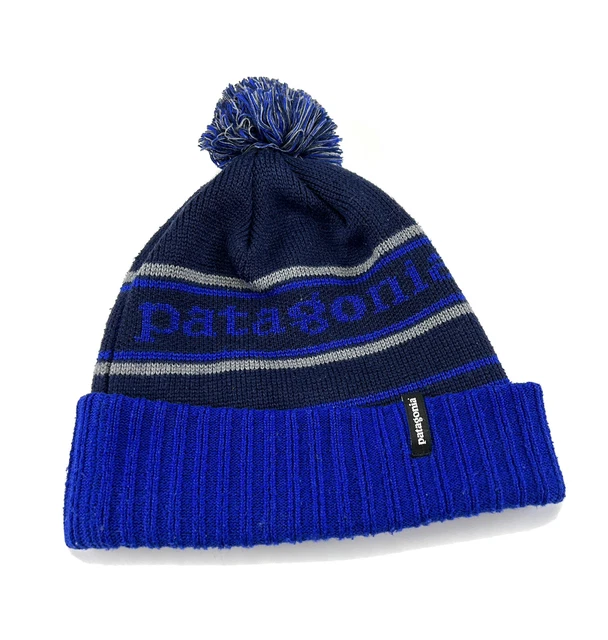 Patagonia Powder Town Beanie Hat Kids Boys One Size Blue Knit Pom Pom