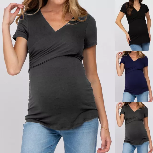 Women Maternity Top Pregnant Short Sleeve Breastfeeding T-Shirt Nursing UK 6-14