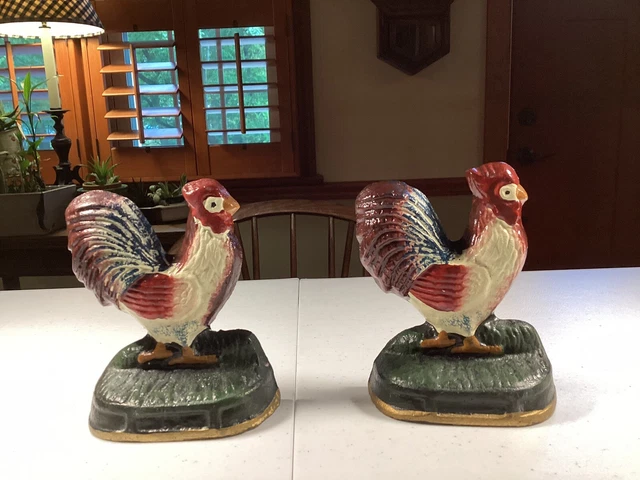 Pair of Vintage Small Cast Iron Rooster Door Stops