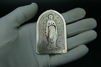 † WICKER R. BVM ENGRAVING SILVER ICON PLAQUE OUR LADY of LOURDES EX VOTO FRANCE