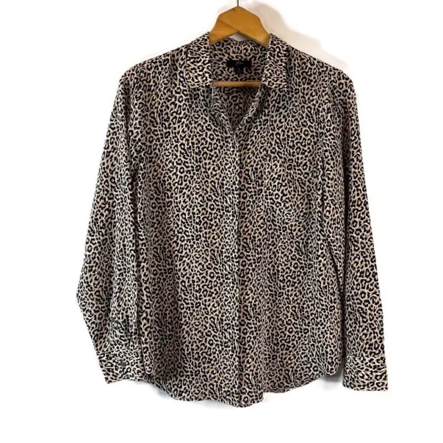 J. Crew Womans Silk Blouse Size 12 Tan Black Button Up Leopard Print Long Sleeve