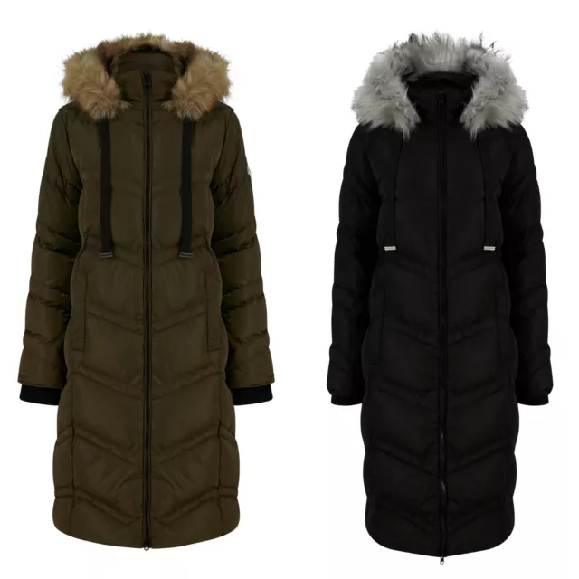 Womens Ladies Long Quilted Padded Parka Coat Hooded Puffer Jacket Zip Pockets