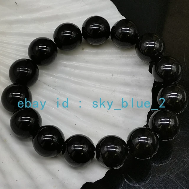 14MM  Black Agate Onyx Gemstone Beads Men Jewelry Bracelet Bangle 7.5''