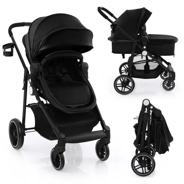 2 in 1 Baby Stroller Foldable Pushchair Reversible Seat With Adjustable Canopy