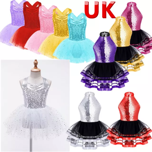 UK Kids Girls Sequined Ballet Tutu Dress Ballerina Jazz Latin Dance Performance