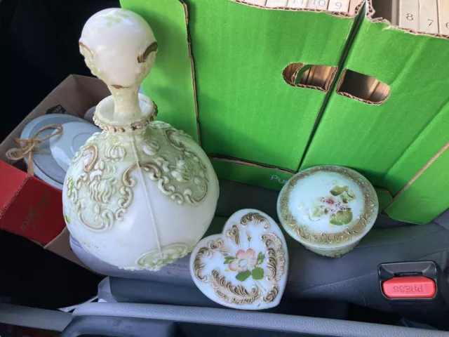 Antique 3 Pc  Victorian Milk Glass 2 Dresser/Vanity/Trinket Boxes & Scent Bottle