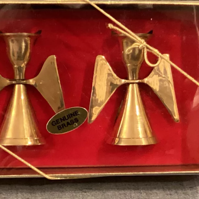 Brass Angel Figural Candlesticks Pair 3.25” NOS India