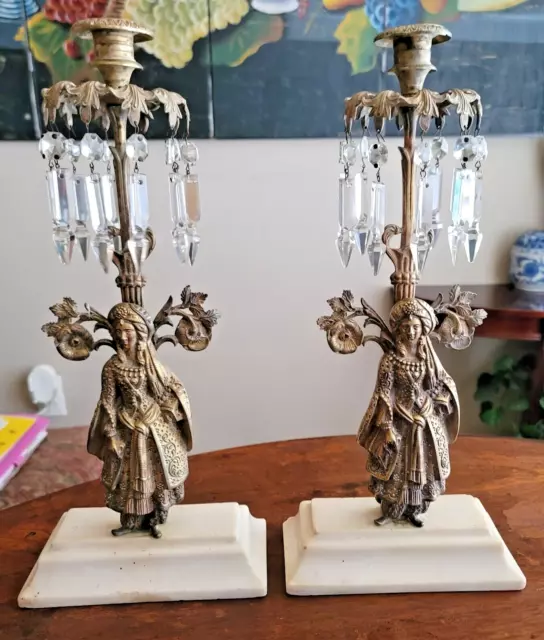 Antique Anglo-Indian Figural Brass & Marble Girandole Pair