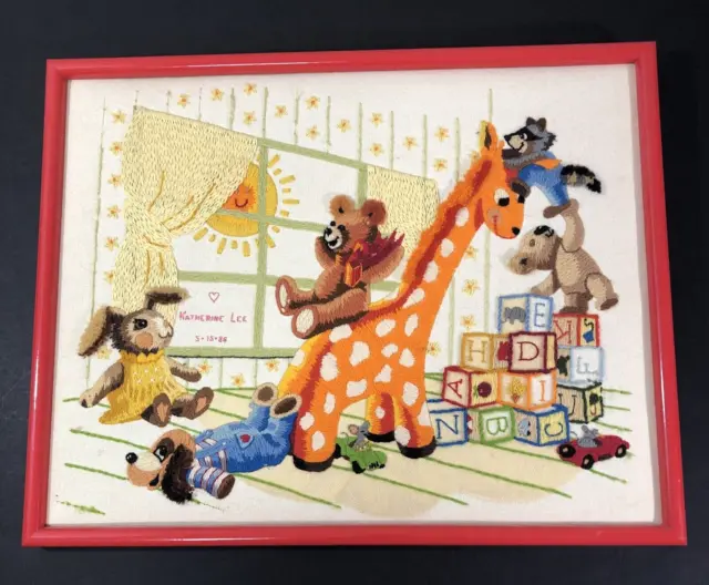 Vtg Needlework Embroidered Framed Zoo Animals Baby Room Nursery 80s Cottagecore