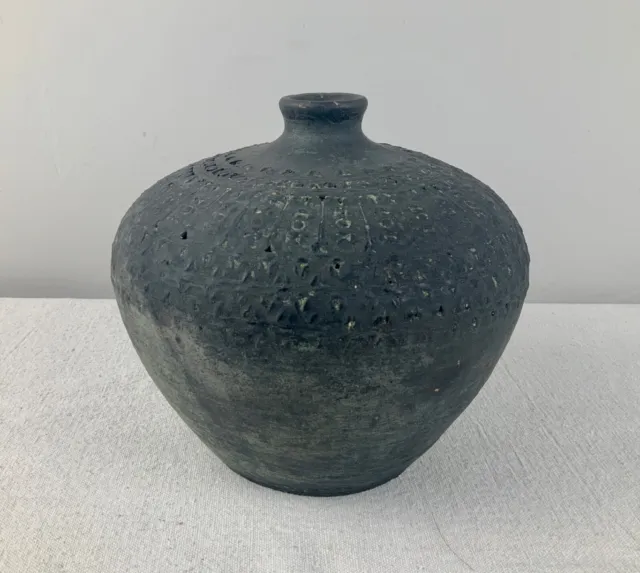 Antique Asian Terra Cotta Earthenware Vase  Squat Form Incised Design