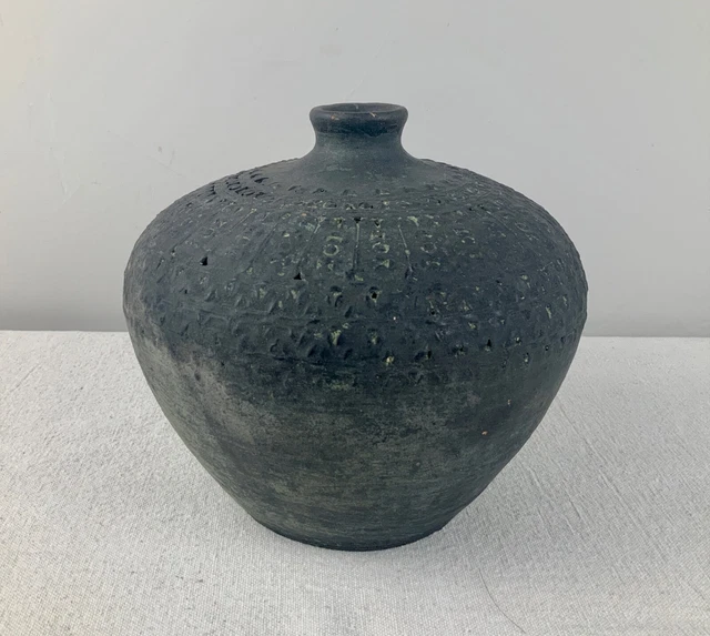 Antique Asian Terra Cotta Earthenware Vase  Squat Form Incised Design