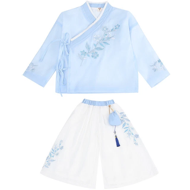 Bambini Ragazzi Hanfu Top Tuta E Pantaloni Ricamato con Lacci Bag Nappa Cinese A