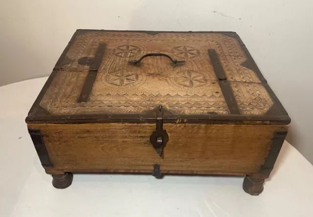 Rare antique 19th C. India Hand-Carved wood wrought iron Dowry Chest Box 1800's