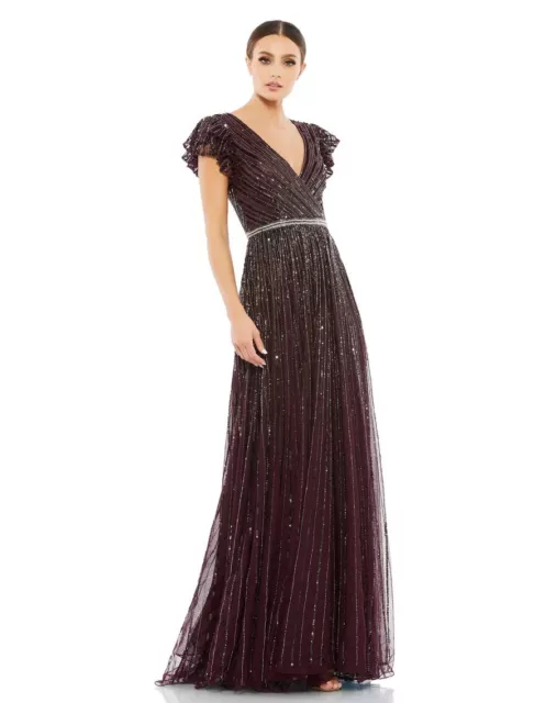 Mac Duggal NWT Sequined Wrap Over Ruffled Cap Sleeve Gown in Blackberry Sz 10