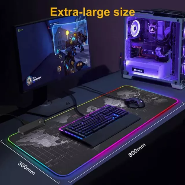 Tapis de souris pc Gaming LED RGB ultra lisse précis Carte du monde 800*300*4mm