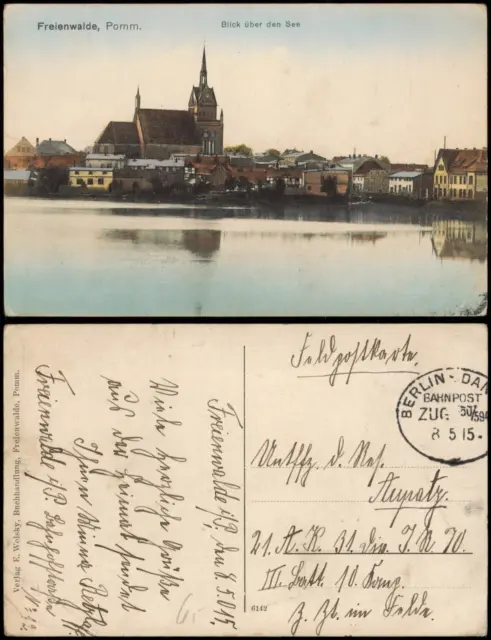 Freienwalde Pommern Chociwel Blick über den See 1915 Bahnpoststempel Feldpost