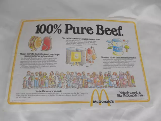 Old Vtg 1979 McDONALDS Fast Food RESTAURANT ADVERTISING MENU 100% Pure Beef