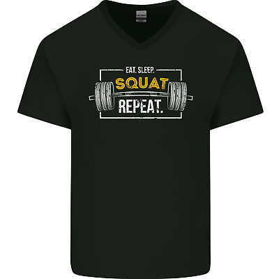 Eat Sleep Squat Repeat Gym Training Top Mens V-Neck Cotton T-Shirt