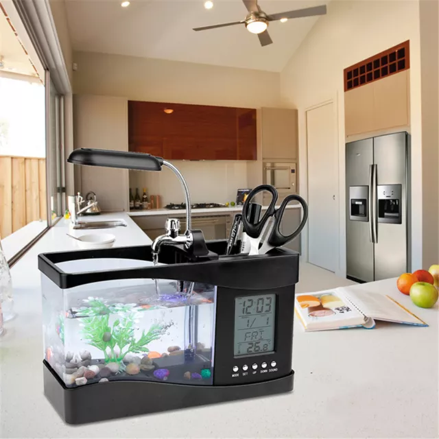LED Light Fish Tank USB Desktop Aquarium Fish Tank LCD Clock Home Room Decor