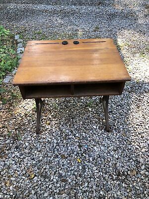 Antique Oak School Desk /Table W/ Fine Ornate cast iron Adjustable Patent Legs