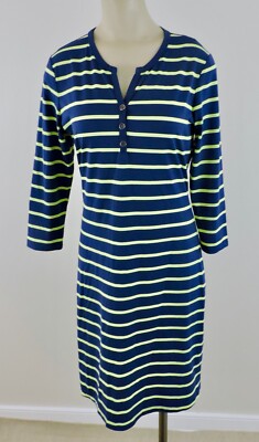 J MCLAUGHLIN Sz Small Navy Yellow Striped Catalina Cloth 3/4 Sleeve Dress EXC