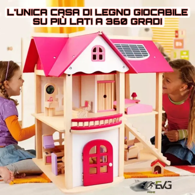 Casa Casetta Legno Bambole Giocabile Su 4 Lati 360 Gradi Rosa Principesse Doll