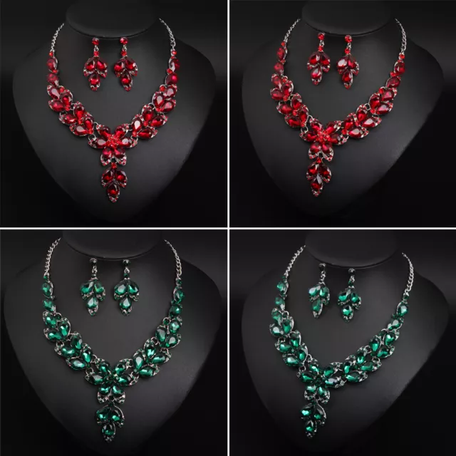 Flower Crystal Necklace Earring Bib Statement Pendant Jewelry Sets African Bride 2