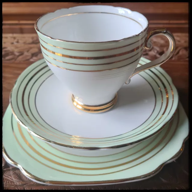 Stanley Fine Bone China Art Deco White and Pastel Green Tea Set with Gold lines 2